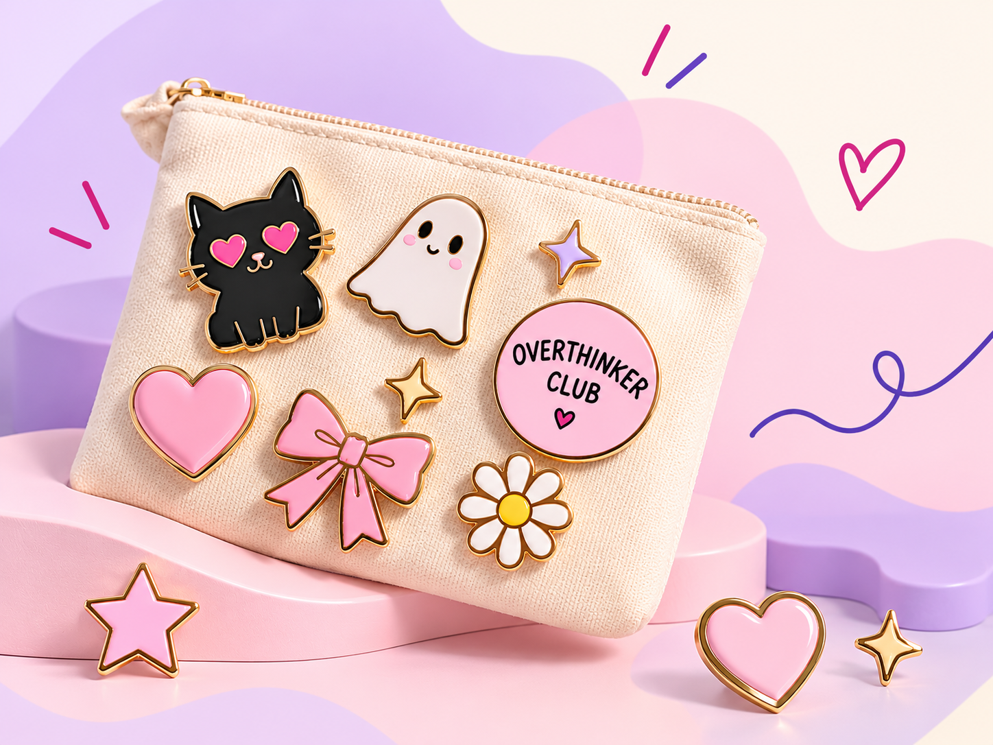 Pastel enamel pins, including an Overthinker Club pin, on a cream pouch